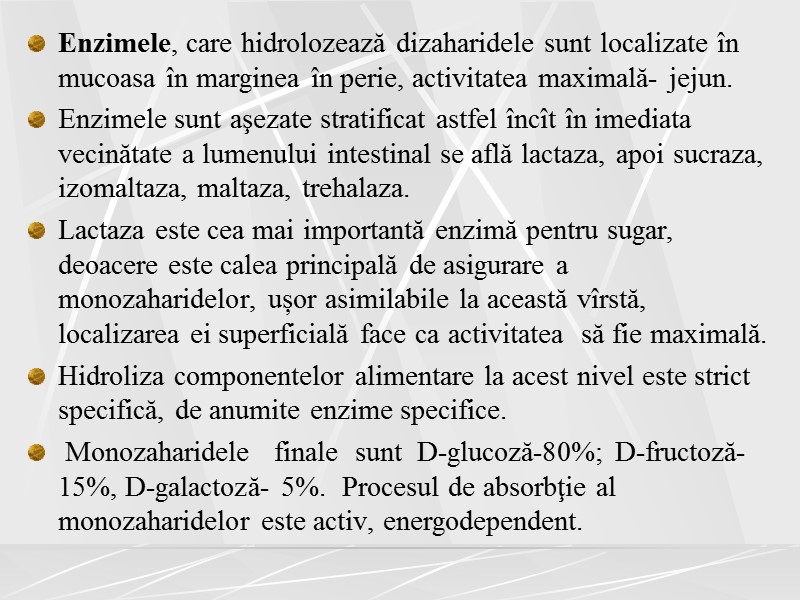 Enzimele, care hidrolozează dizaharidele sunt localizate în mucoasa în marginea în perie, activitatea maximală-
